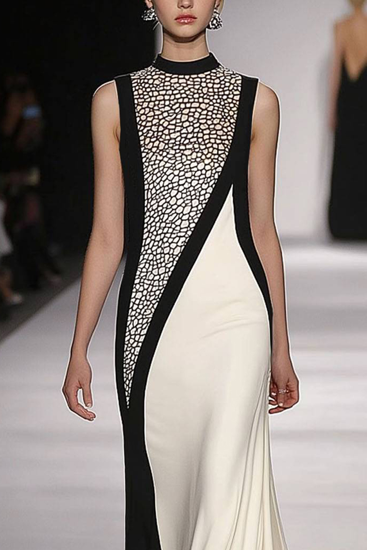 Party Evening Color-block Design Low-Mid Neck Sleeveless Maxi Dress