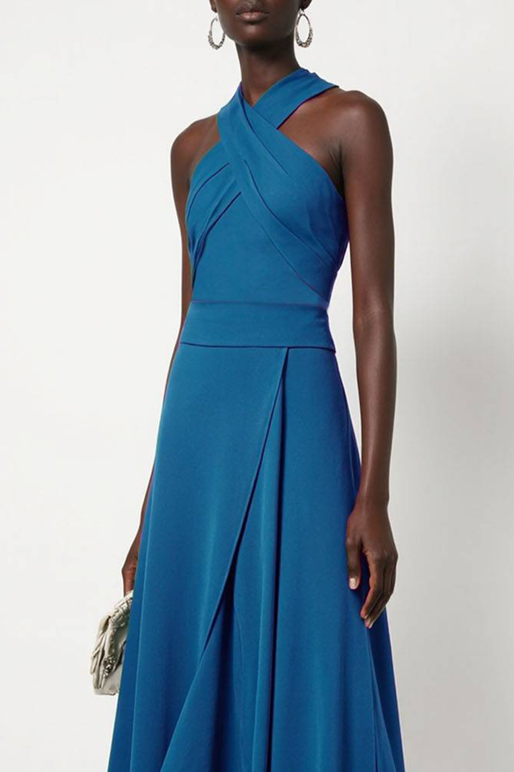 Wedding Guest Evening Cross Halter Neck Slit Long Dress