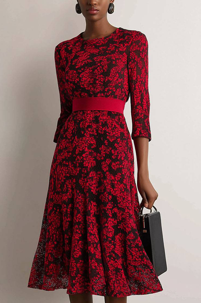 Cocktail Wedding Black and Red Lace Belted Mother of the Bride Dress