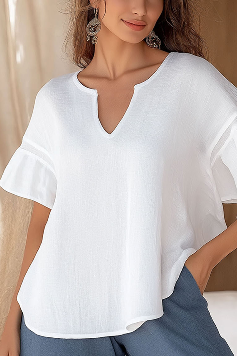 Casual Linen Top White V-Neck Ruffle Sleeve Top