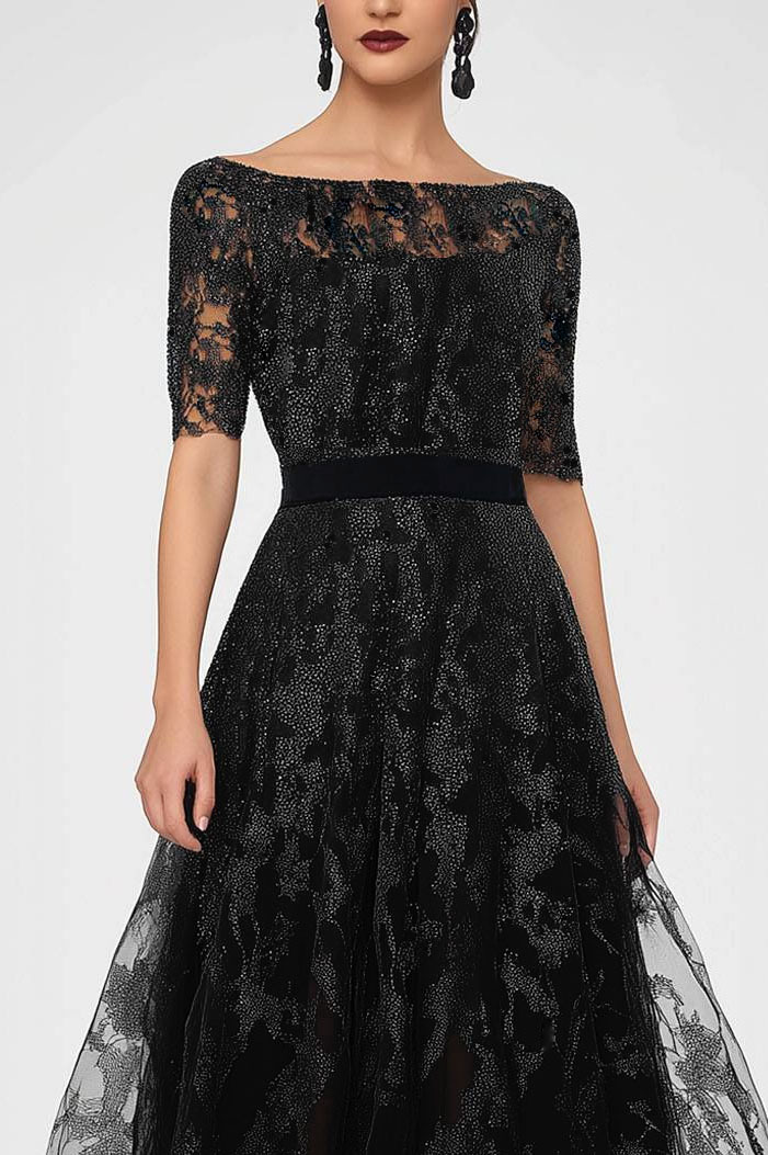 Formal Lace Dress Boat Neck Half Sleeve Belt Maxi Dress