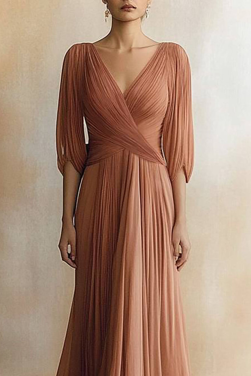 Elegant Evening Dress Cross Neck Puff Sleeve Draped Pleated Maxi Dress