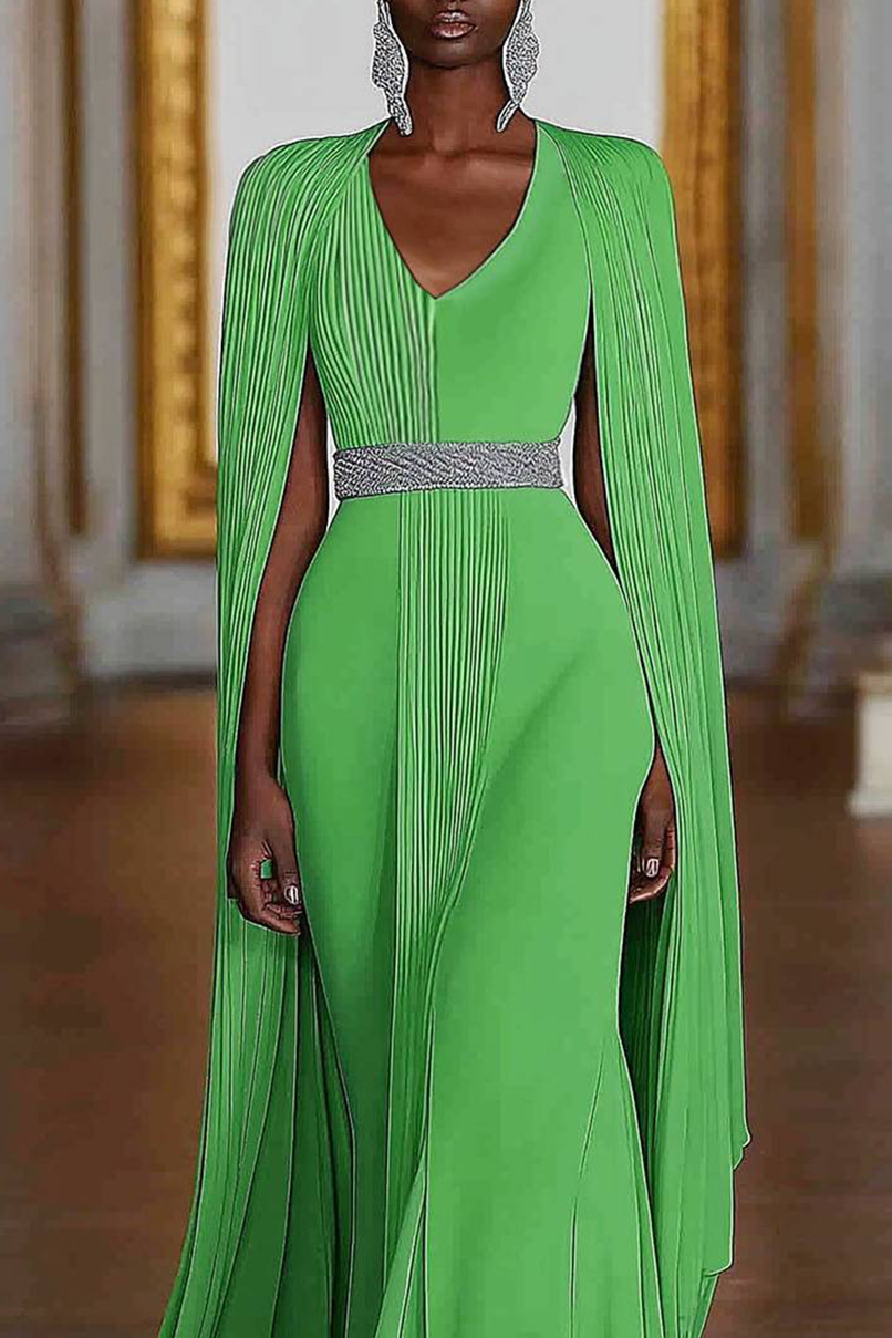 Formal Evening Gown Green V-neck Pleated Cape Rhinestone Belt Floor-length Dress