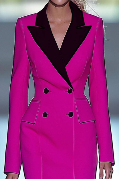 Work Business Dress Long Sleeve Collared Color Block Midi Dress