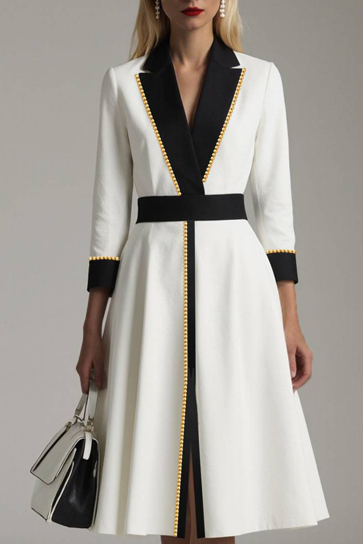 Formal Office Dress Pearls Collared Color Block Split Midi Dress