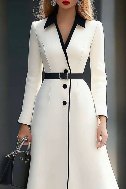 Business Office Dress Black White Color Block Long Sleeve Belted Midi Dress