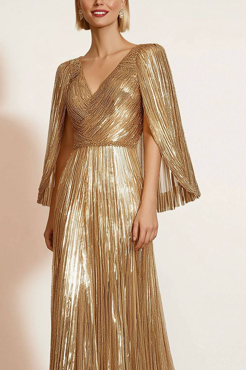 Party Evening Fringe Dress Gold Cape V-neck Floor-length Gown