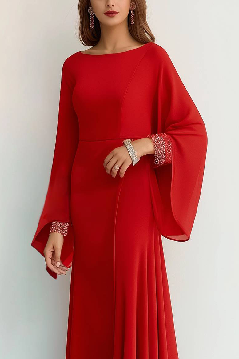 Semi-formal Party Dress Chiffon Bell Sleeve Rhinestone Cuffs Maxi Dress