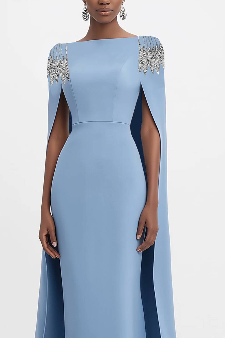 Formal Evening Dress Rhinestone Decoration Cape Straight Maxi Gown