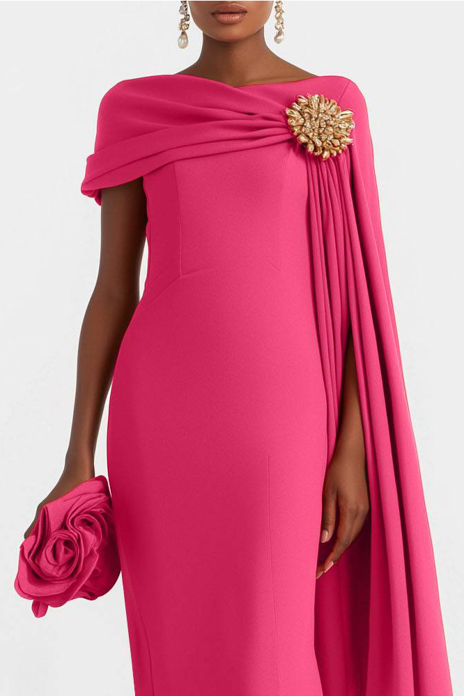 Evening Formal Dress Rhinestone Decoration Cape Asymmetrical Maxi Gown