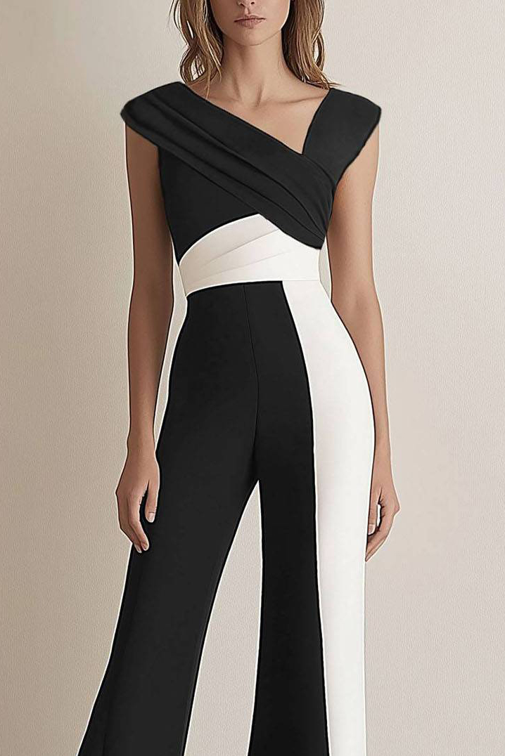Party Daily Color Block Jumpsuit Asymmetrical Neck Sleeveless Flared Pants