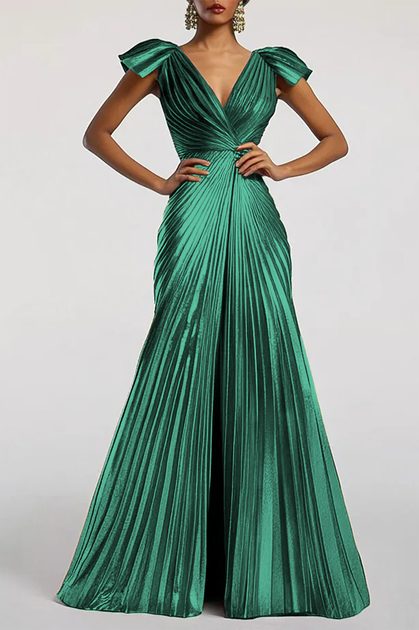 Party Cocktail Metallic Dress Gold Pleated V Neck Maxi Dress  