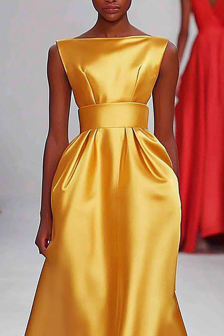Formal Evening Gold Gown Satin Sabrina Neck Sleeveless Floor-length Dress