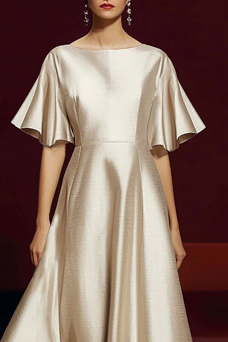 Formal Evening Beige Gown Satin Round Neck Ruffled Sleeve Maxi Dress