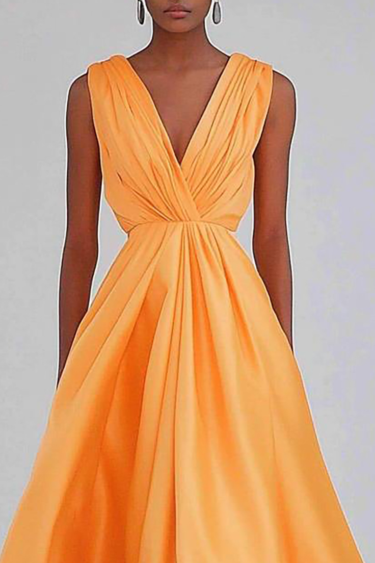 Formal Orange Evening Gown Pleated Sleeveless V-neck Maxi Dress