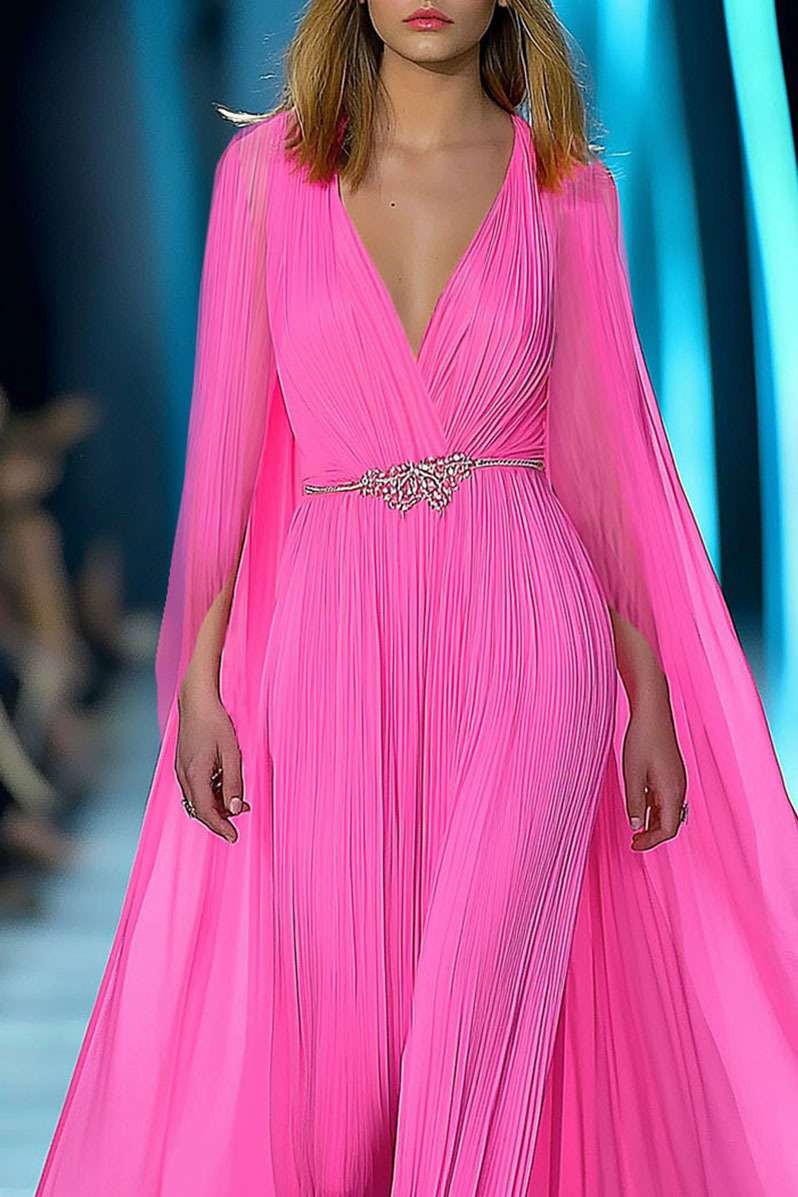 Formal Evening Chiffon Dress Long Sleeve Waist Belt Cape Floor-length Gown