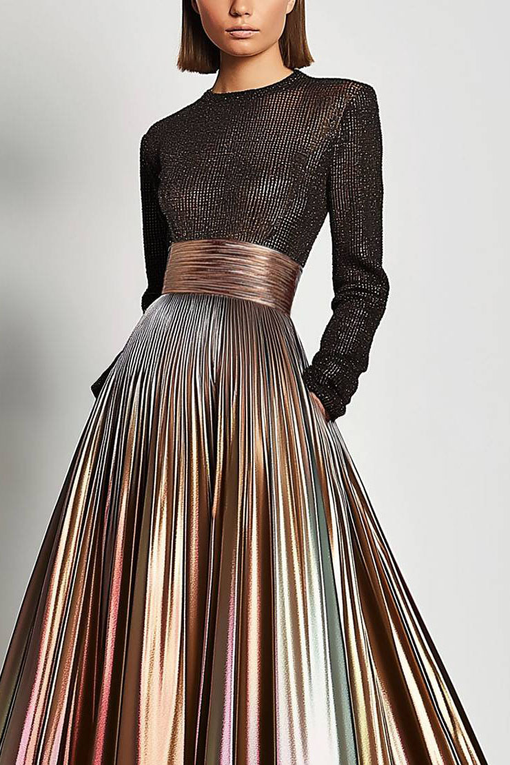 Party Prom Dress Metallic Fabric Colorful Long Sleeve Pocket Pleated Midi Dress