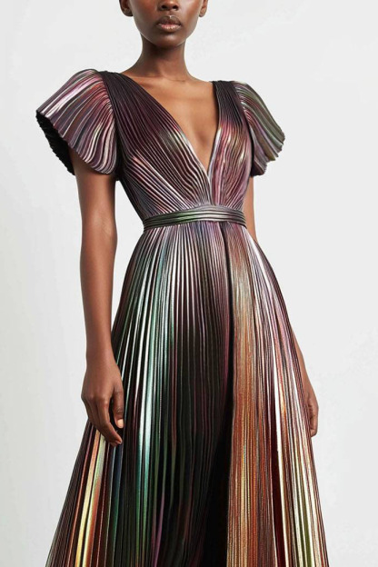 Formal Evening Dress Metallic Fabric Deep V High Split Maxi Dress