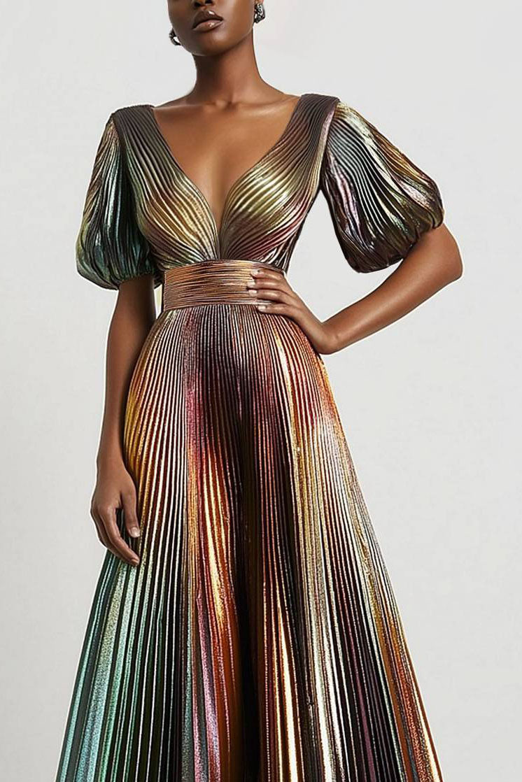 Formal Evening Dress Metallic Fabric Bubble Sleeve Deep V Pleated Maxi Dress