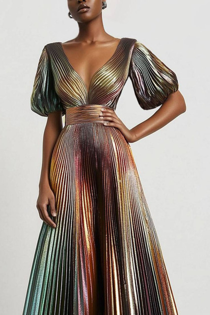 Formal Evening Dress Metallic Fabric Bubble Sleeve Deep V Pleated Maxi Dress