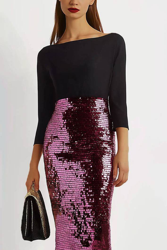 Formal Evening Sequin Dress Boat Neck Color Block Mermaid Maxi Dress