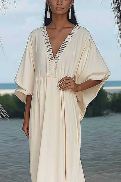 Beach Vacation Dress Beige Deep V Lace Trim Tassel Loose Maxi Dress