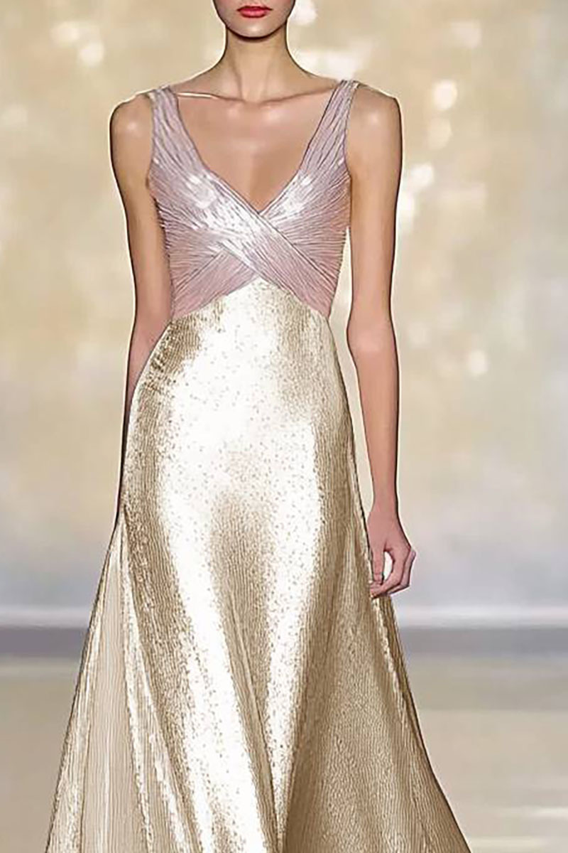Evening Elegant Sequin Dress Pink Gold Color Block Sleeveless V-neck Floor-length Dress