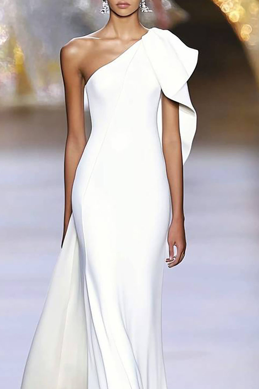 Formal Evening White Dress One-shoulder Cape Maxi Dress