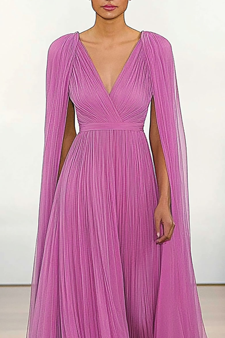 Formal Evening Dress Tulle Deep V Pleated Light Purple Cape Maxi Dress
