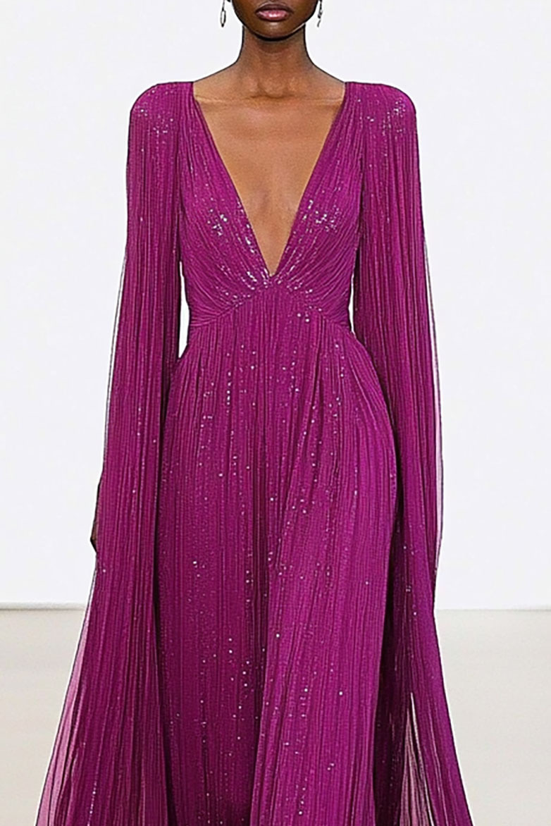 Formal Evening Dress Mesh Deep V Sequin Purple Cape Maxi Dress