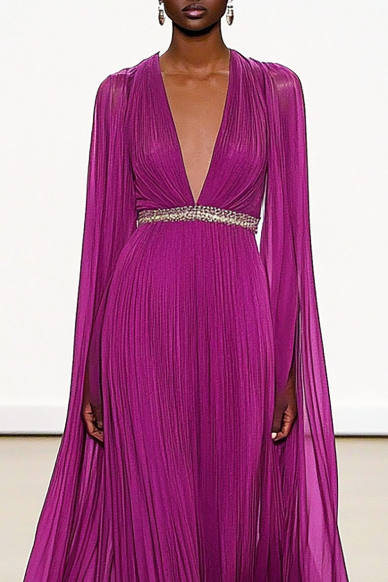 Formal Evening Dress Tulle Deep V Rhinestone Belted Cape Floor-Length Dress