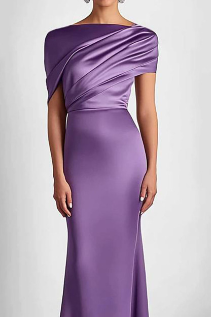 Elegant Satin Dress Layered Short Sleeve Asymmetrical Neck Floor-length Dress