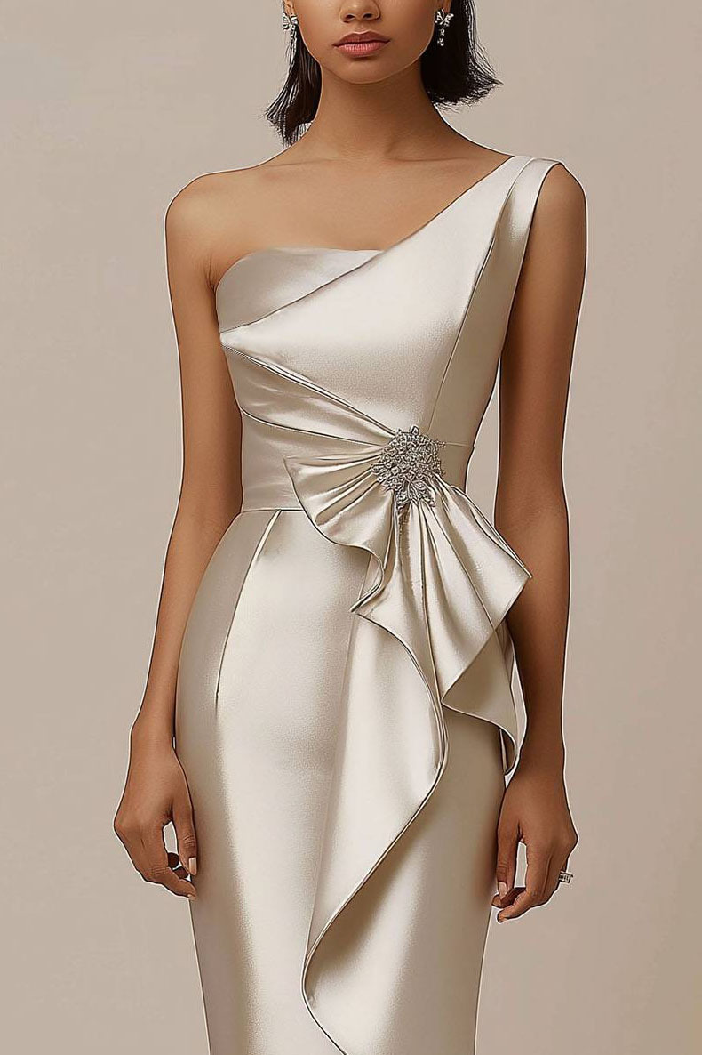 Cocktail Semi-formal Satin Dress One-shoulder Pleated Design Knee-length Dress