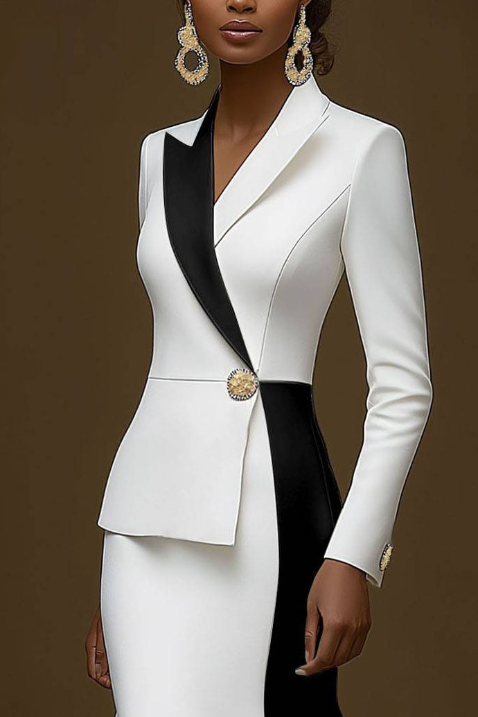 Business Work Blazer Dress Color Block Long Sleeve Mermaid Collar Midi Dress