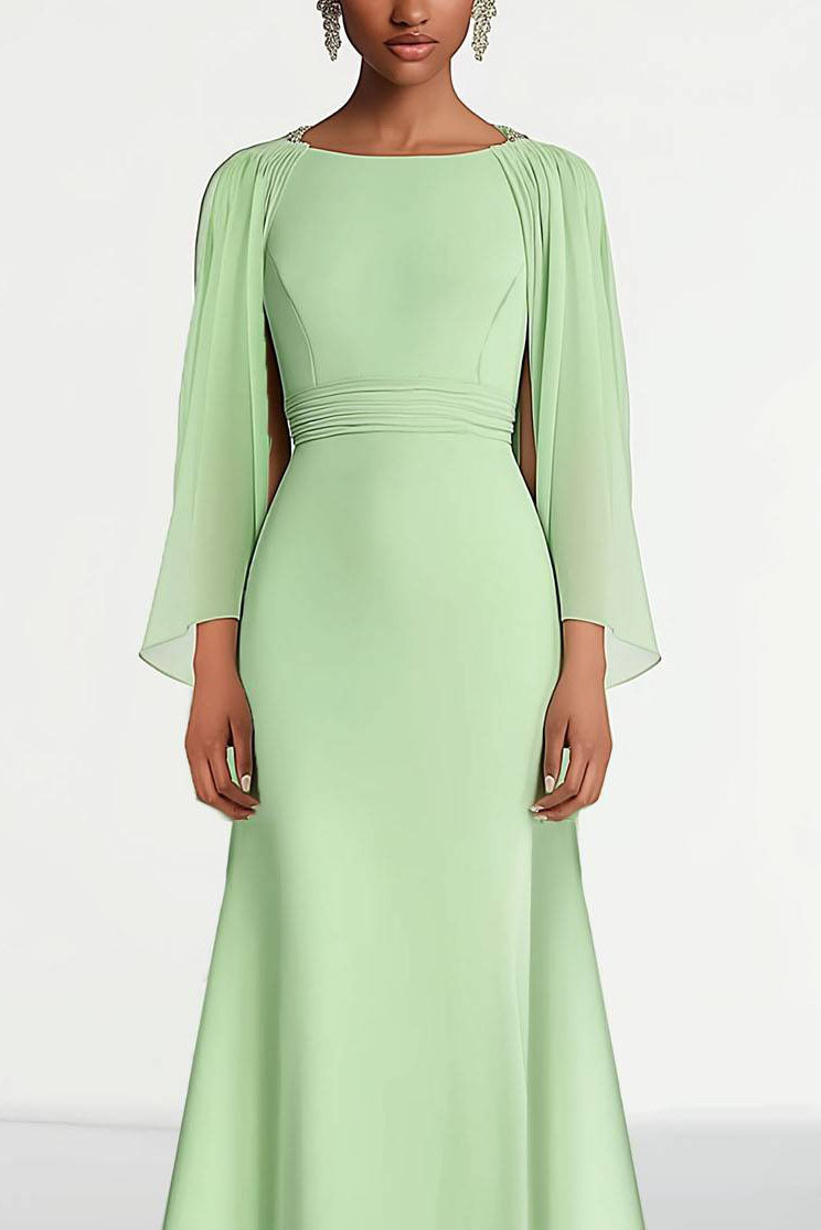 Wedding Guest Prom Dress Chiffon Round Neck Cape Maxi Dress