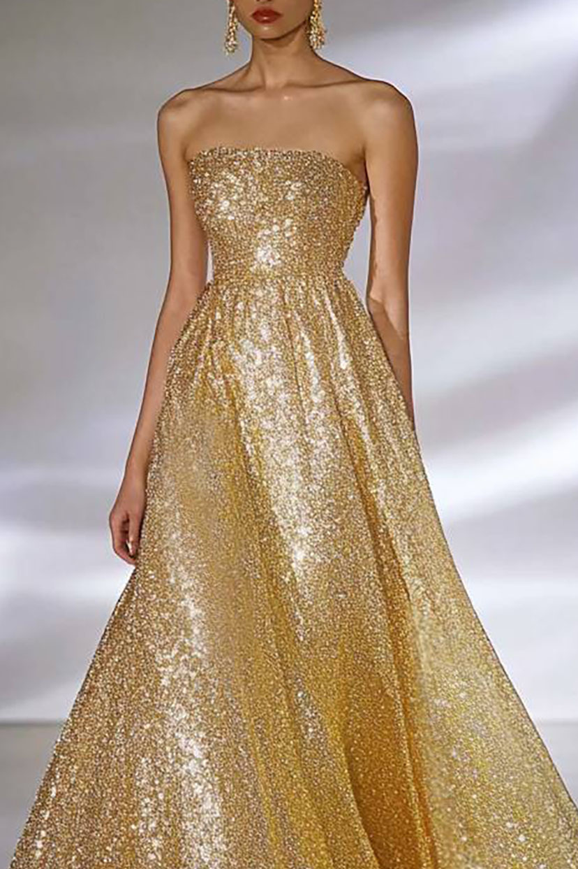 Formal Evening Dress Sequin Strapless Gold Ball Gown Floor-Length Dress