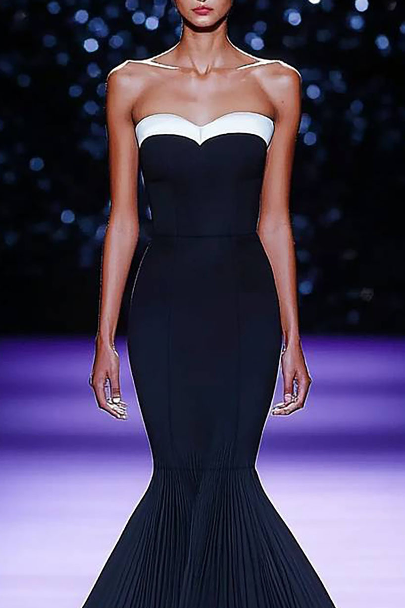 Formal Evening Dress Color-block Pleated Mermaid Strapless Floor-Length Dress