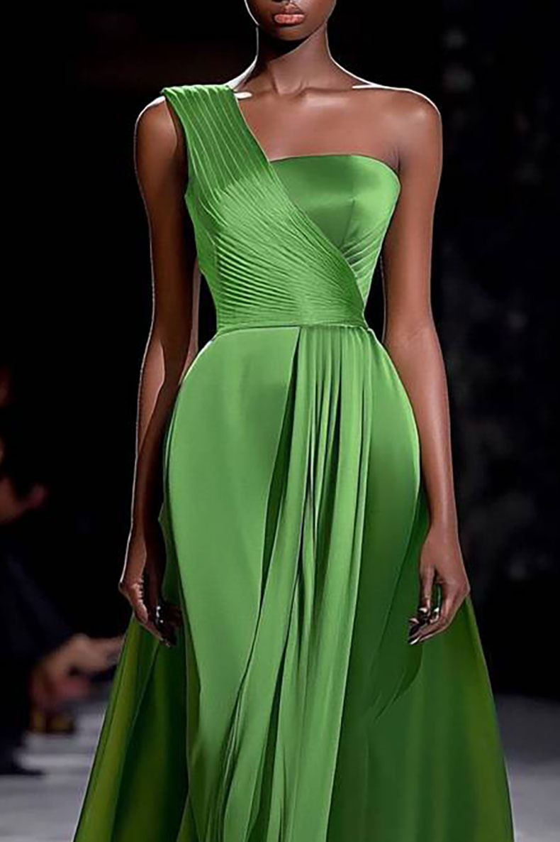 Formal Prom Dress Green Satin One-Shoulder Pleated Floor-Length Dress