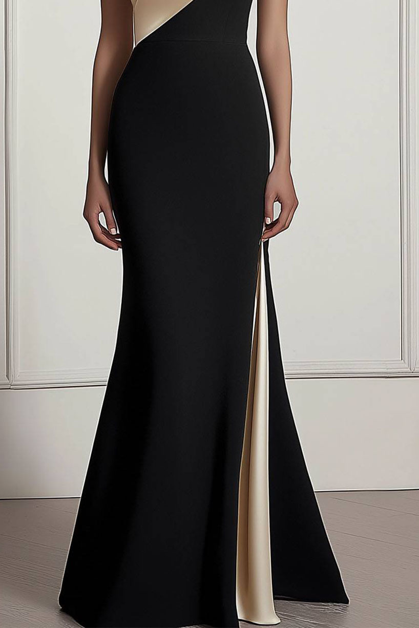 Formal Prom Dress Off-Shoulder Color-block Side Slit Floor-Length Dress