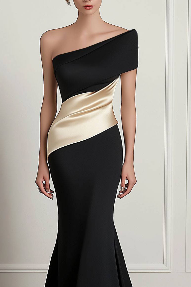Formal Prom Dress One-Shoulder Champagne Black Color-block Mermaid Floor-Length