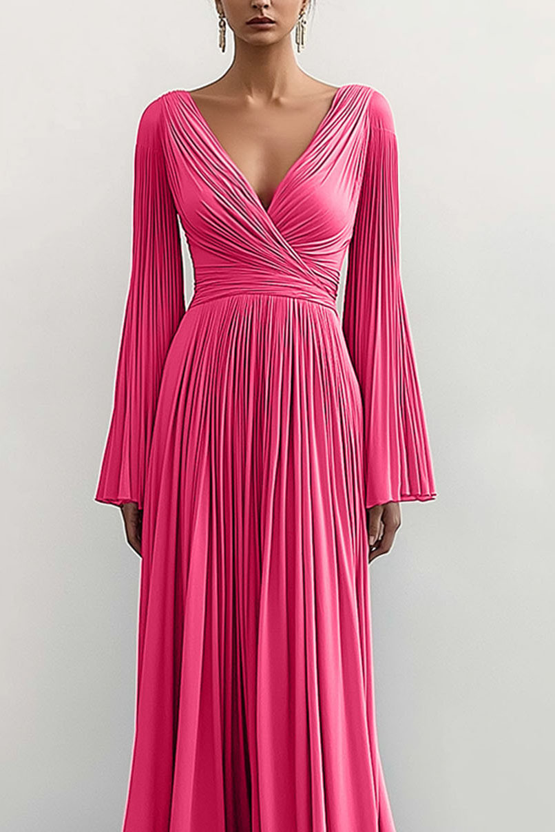 Elegant Evening Dress Deep V Long Sleeve Bell Sleeve Pleated Draped Floor-length Gown