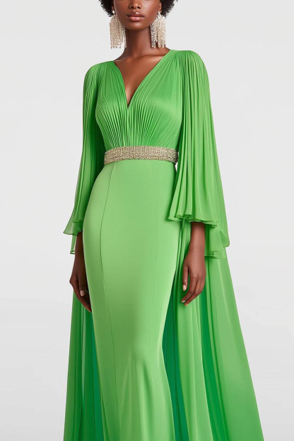 Evening Formal Dress Cape Long Sleeve Rhinestone Waistband V-Neck Maxi Dress