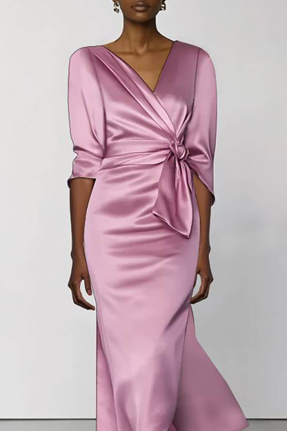 Wedding Guest Party Satin Dress Cross Neck Half Sleeve Mid-Length Dress
