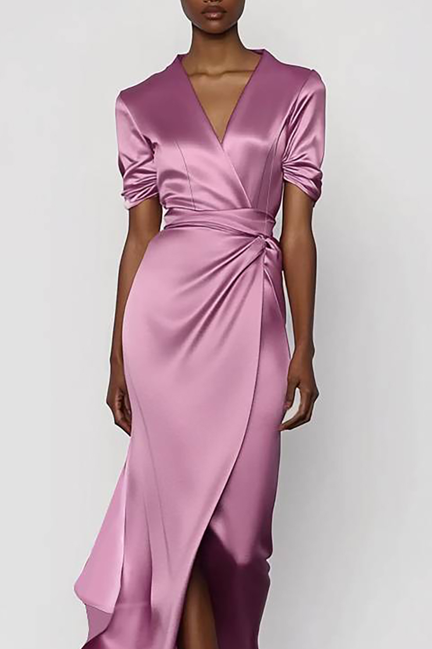 Wedding Guest Party Satin Dress Light Purple Cross Neck Short Sleeve Maxi Dress