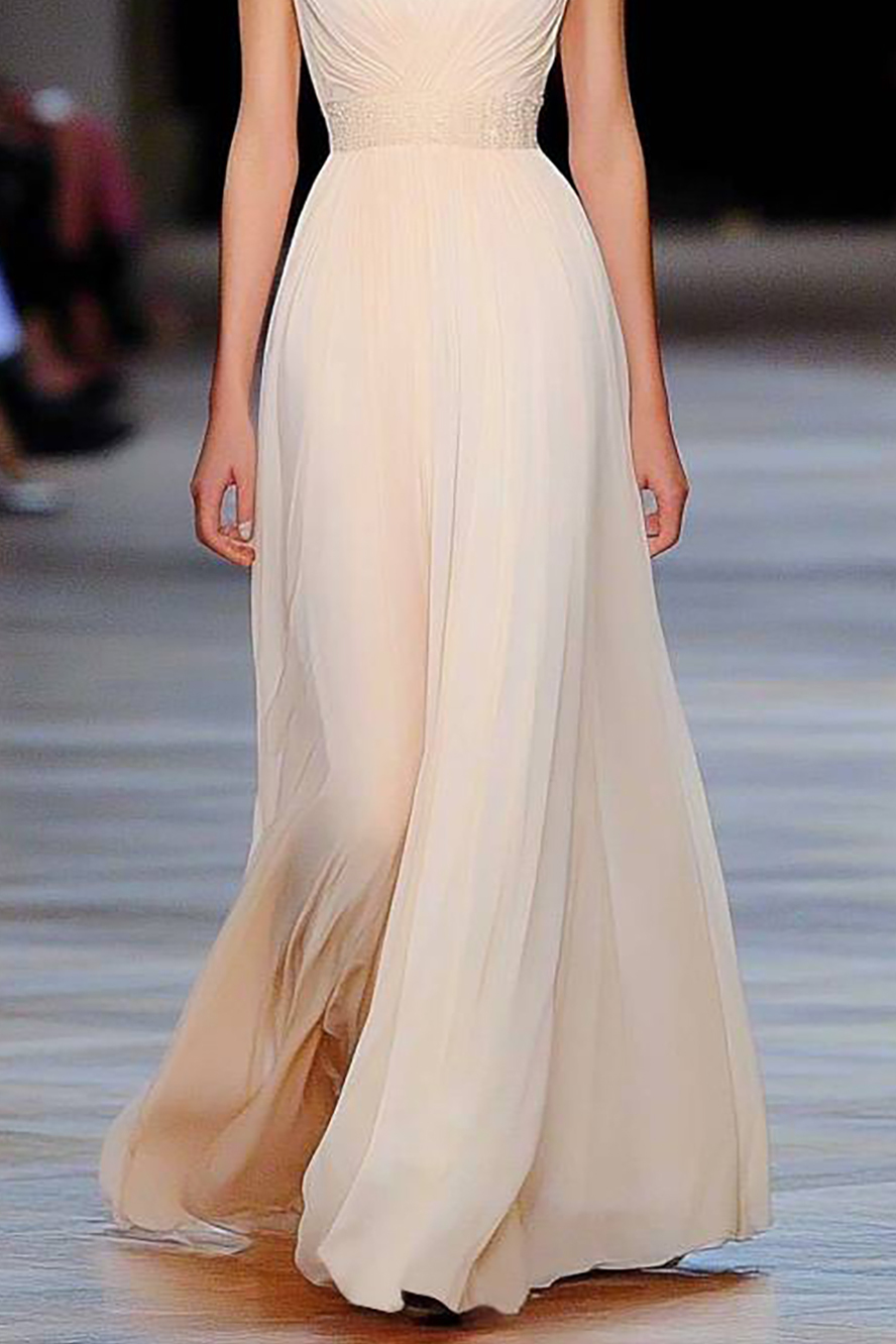 Evening Formal Beige Dress V-Neck Chiffon Pleated Floor-Length Dress