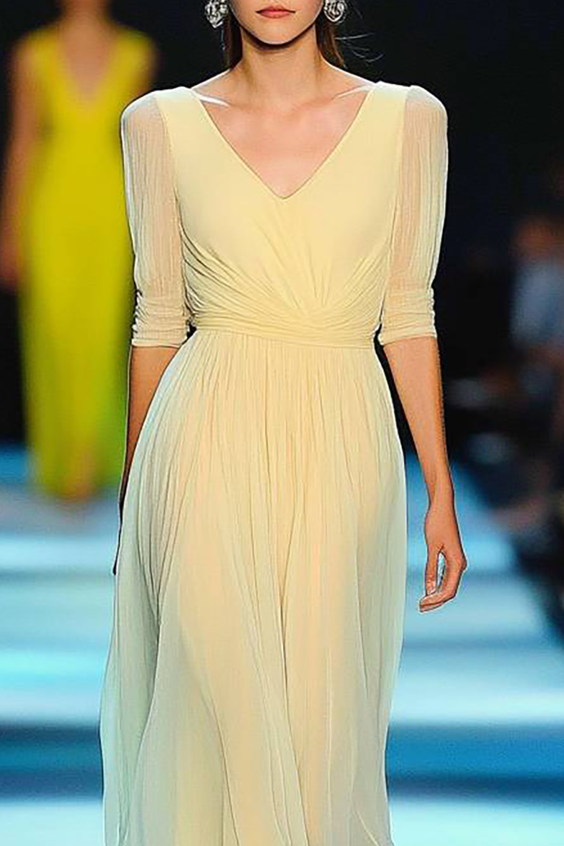 Evening Formal Chiffon Dress Light Yellow V-Neck Half Sleeve Floor-Length Dress
