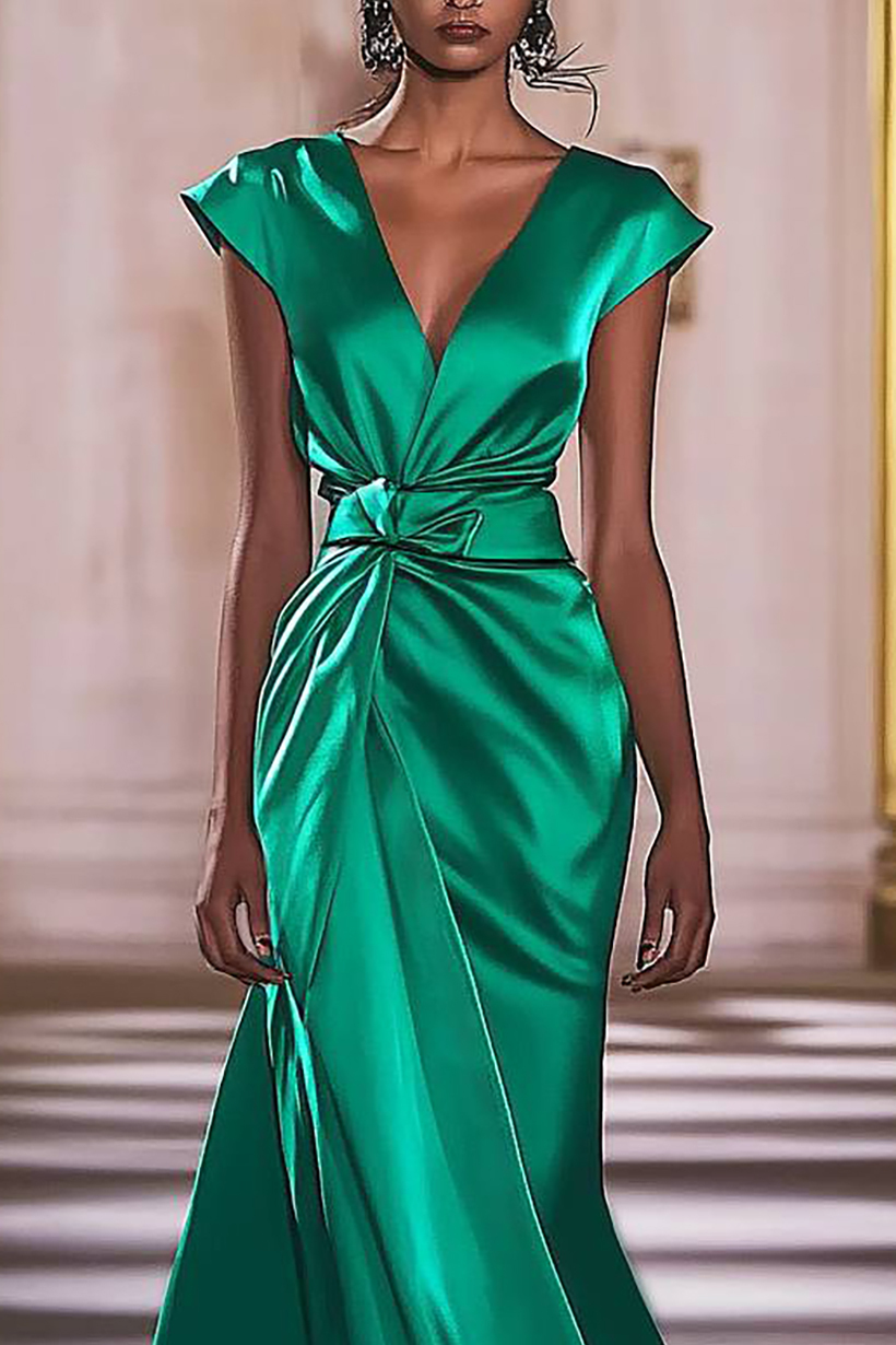 Evening Party Satin Dress Green Deep V-neck Slit Maxi Dress