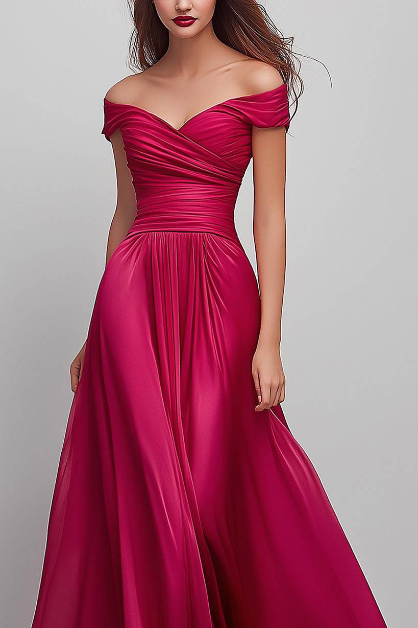 Evening Formal Dress Off-Shoulder Pleated Floor-Length Dress