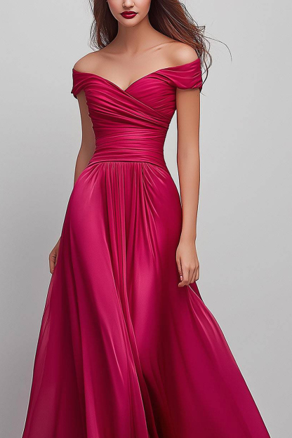 Evening Formal Dress Off-Shoulder Pleated Floor-Length Dress
