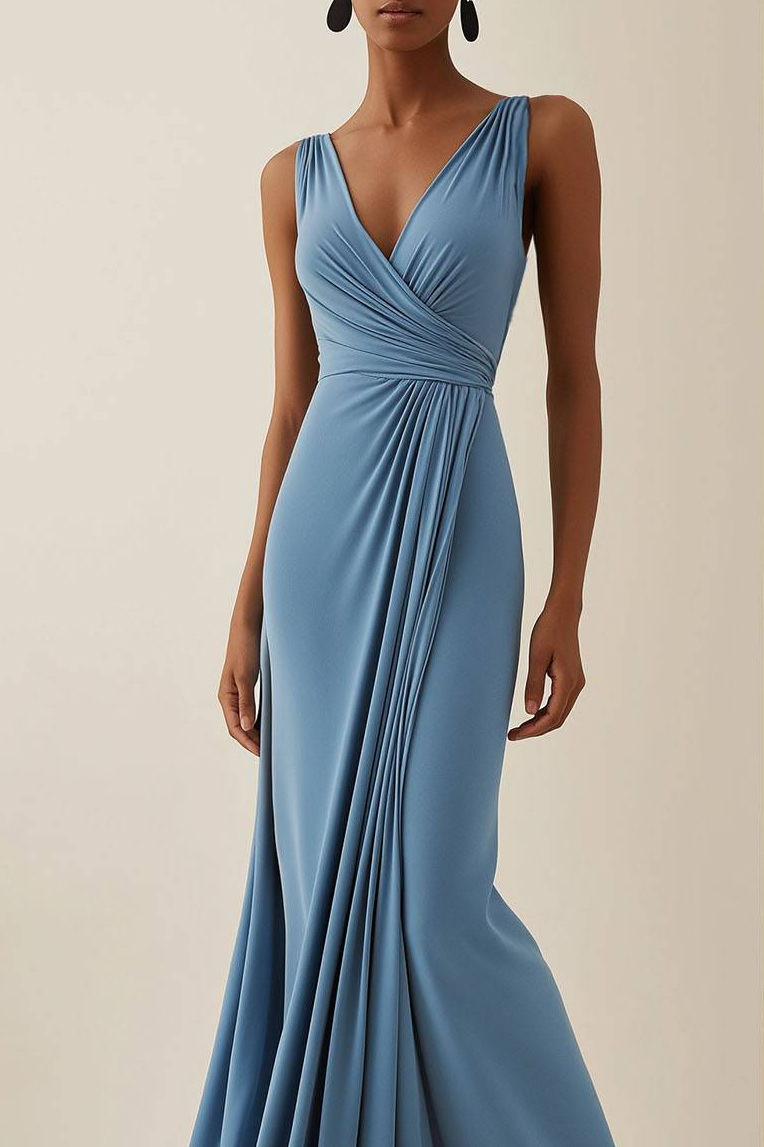 Wedding Guest Party Dress Light Blue Sleeveless Pleated Maxi Dress